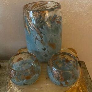 Artisan Blue and Brown Swirl Glass Vase Trio